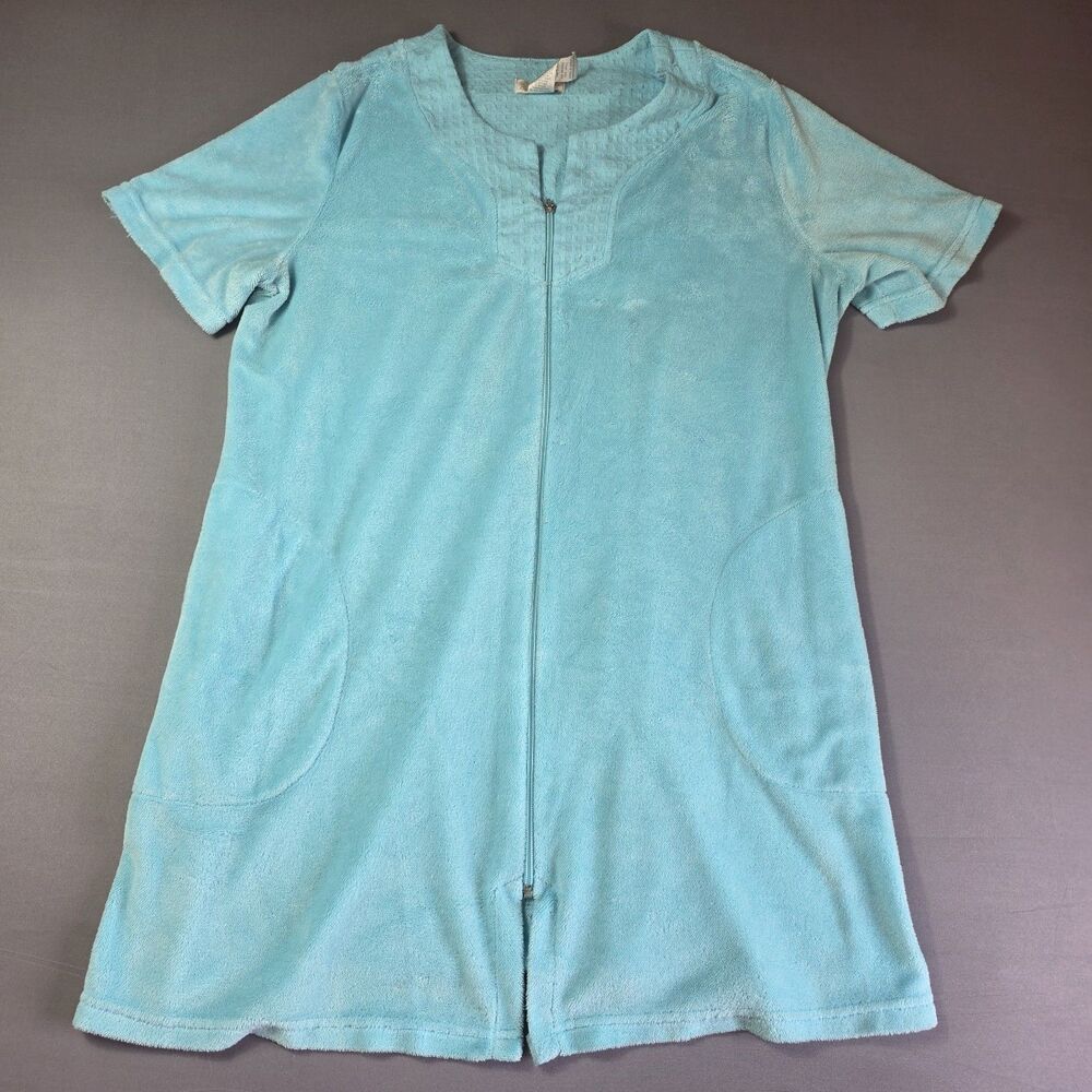 VTG Jasmine Rose Aqua Sz XL TerryCloth Zip-Up Robe Housecoat Duster Grandma Core